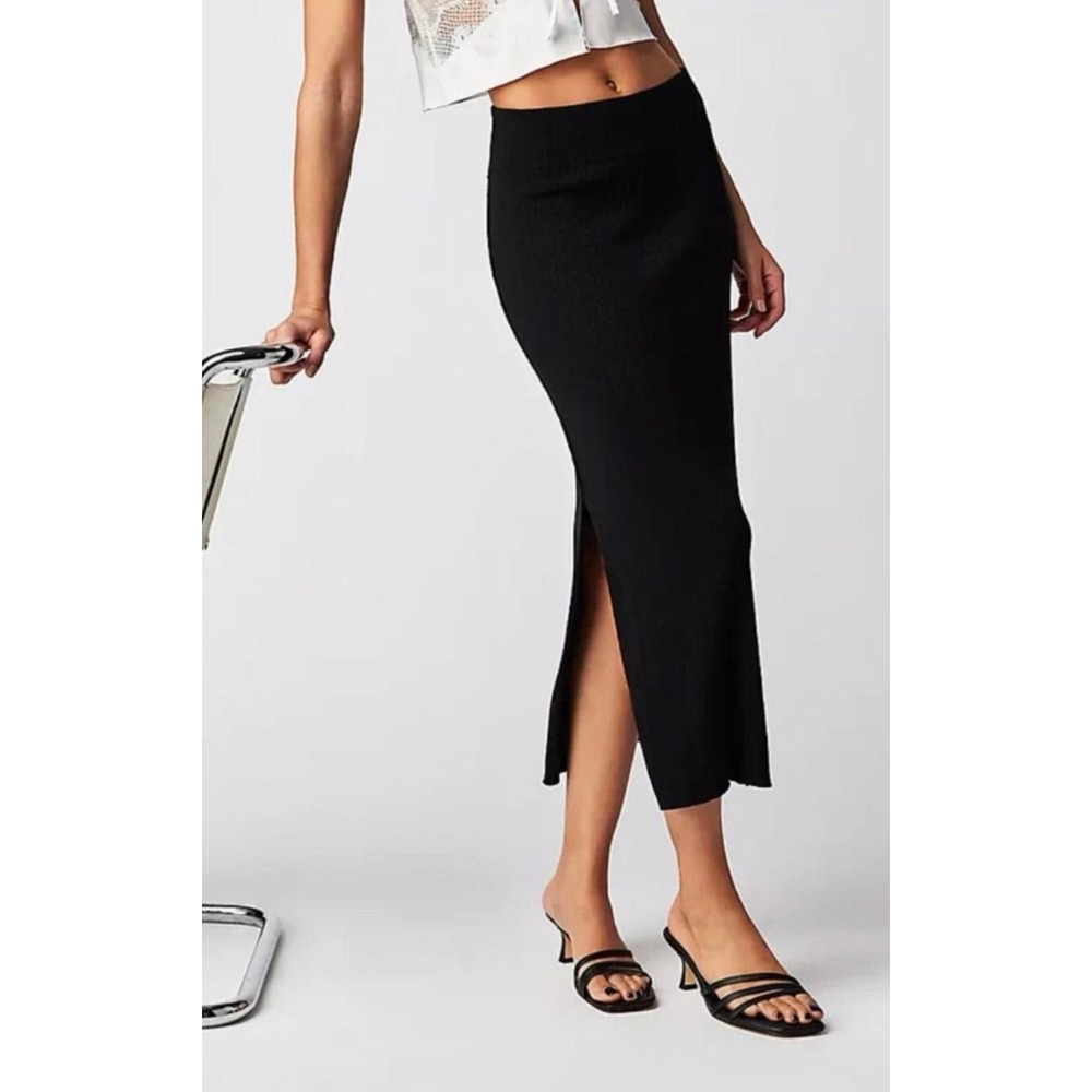 Free People Golden Hour Black Ribbed Knit Midi Slit Skirt XL Extra Large Stretch